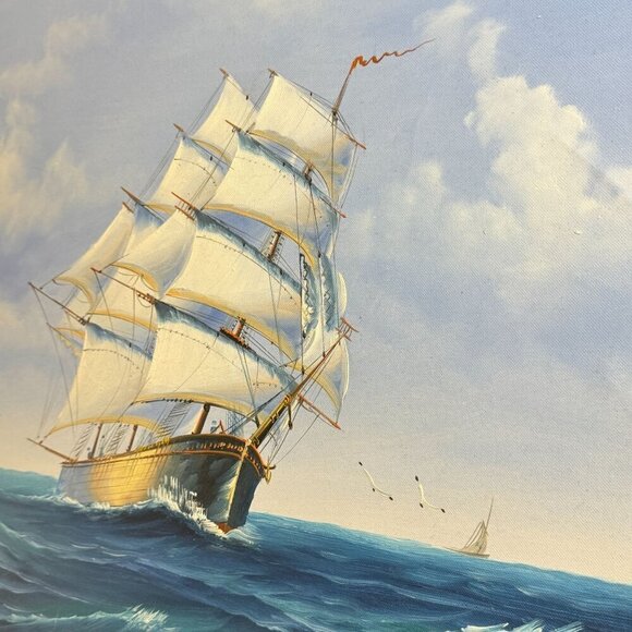 2006 Classic Sailing Ship Artwork on Canvas Oil Painting Framed Size 28" x 24" - Picture 13 of 15